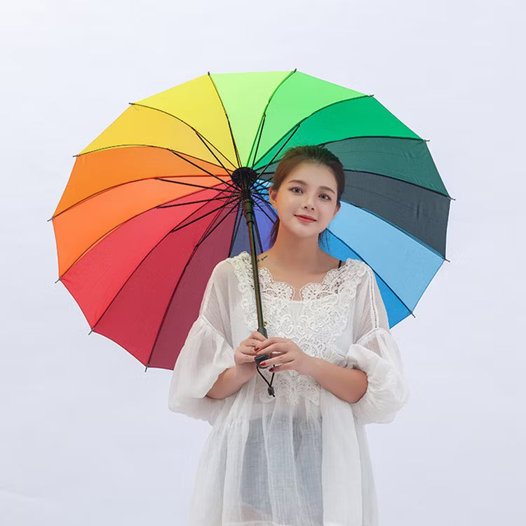 Super Strong 16 Ribs Rainbow Umbrella Rain Colorful Long Umbrella Men Women – Multi color